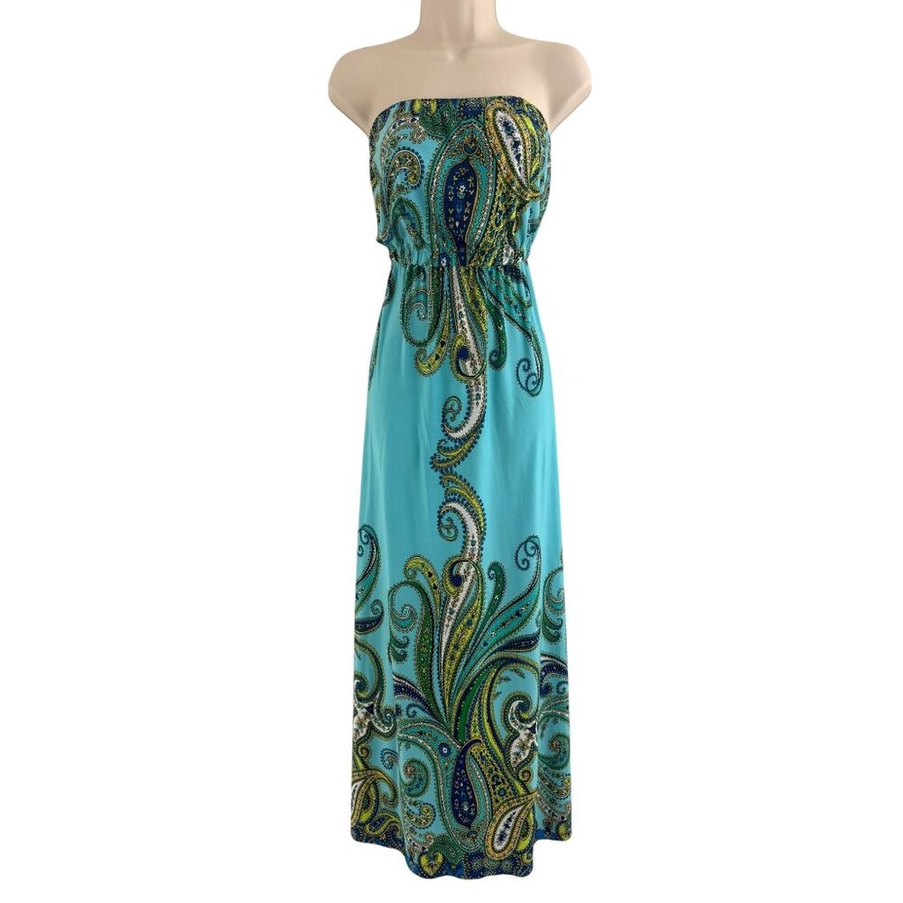 Bisou Bisou Blue Green Paisley Print Strapless Blouson Maxi Dress Size 10 Summer